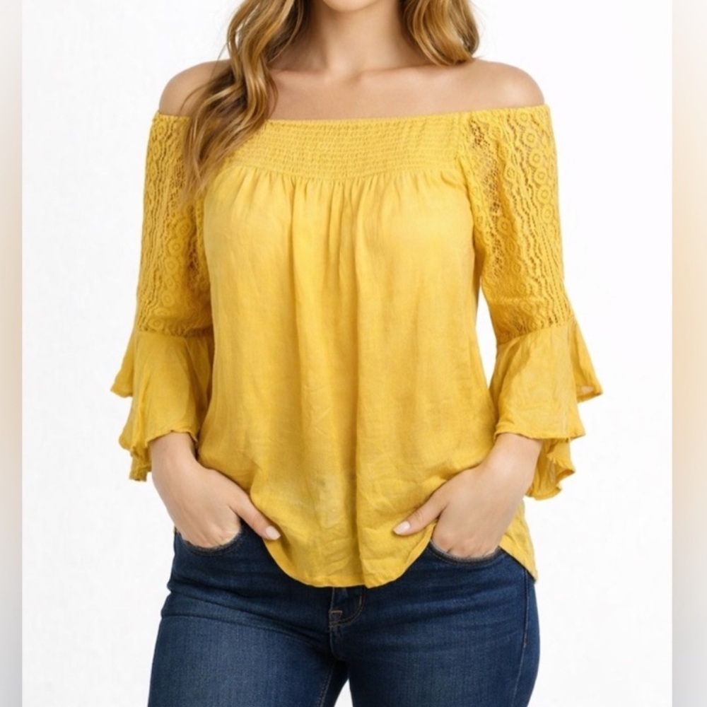 Studio West Yellow Lace Sleeve Peasant‎ Blouse Women’s Small Boho Top